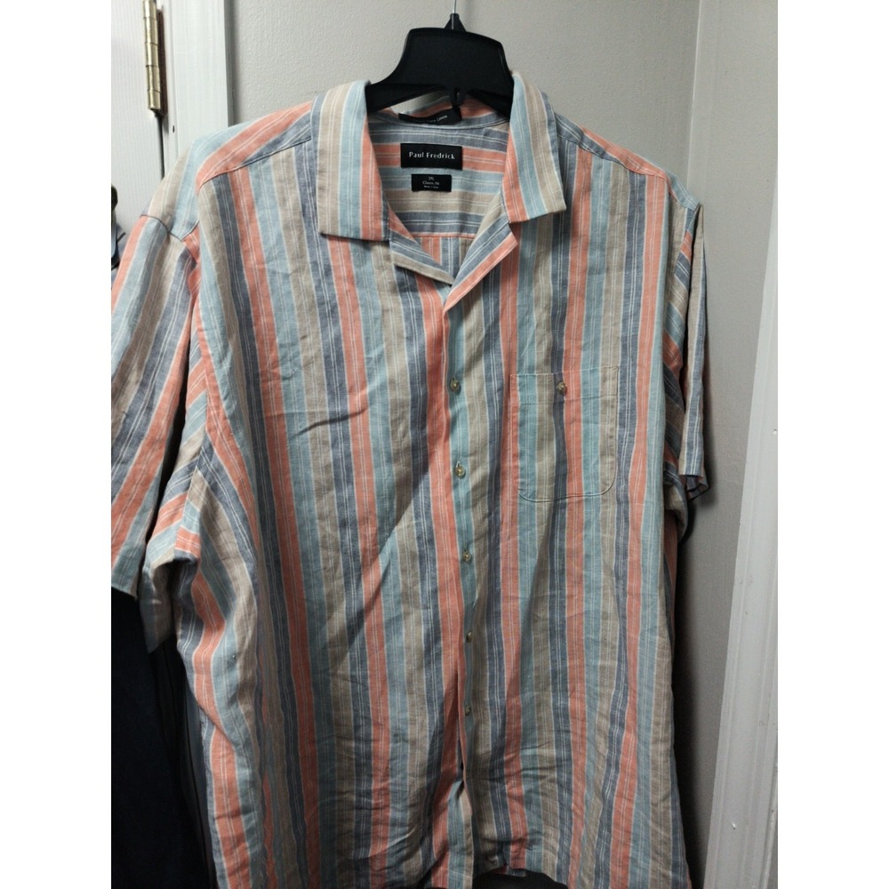 Paul Fredrick Shirt Men's 3XL Striped Classic Short Sleeve Linen Button Up New